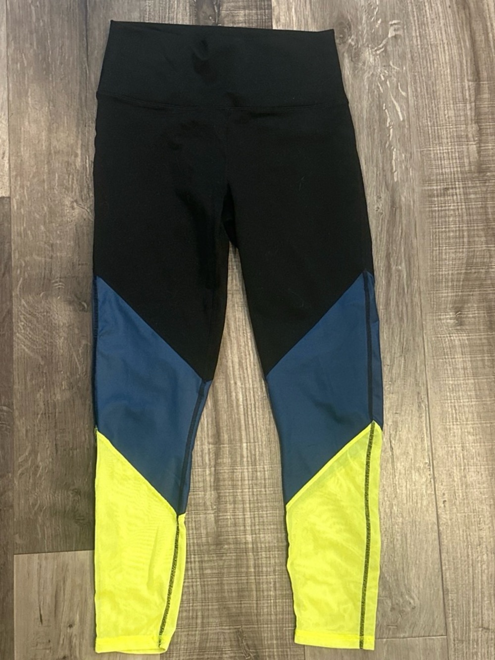 Fabletics Black, Navy & Neon Yellow Colorblock Kids Leggings